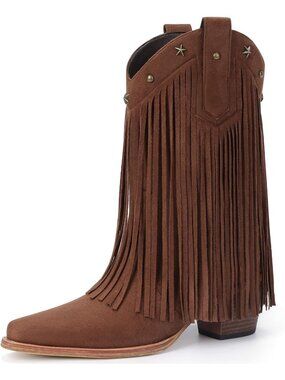 Women's Dark Brown Fringe Cowgirl Boots w/ Star Studded Pointed Toe Chunky Heel